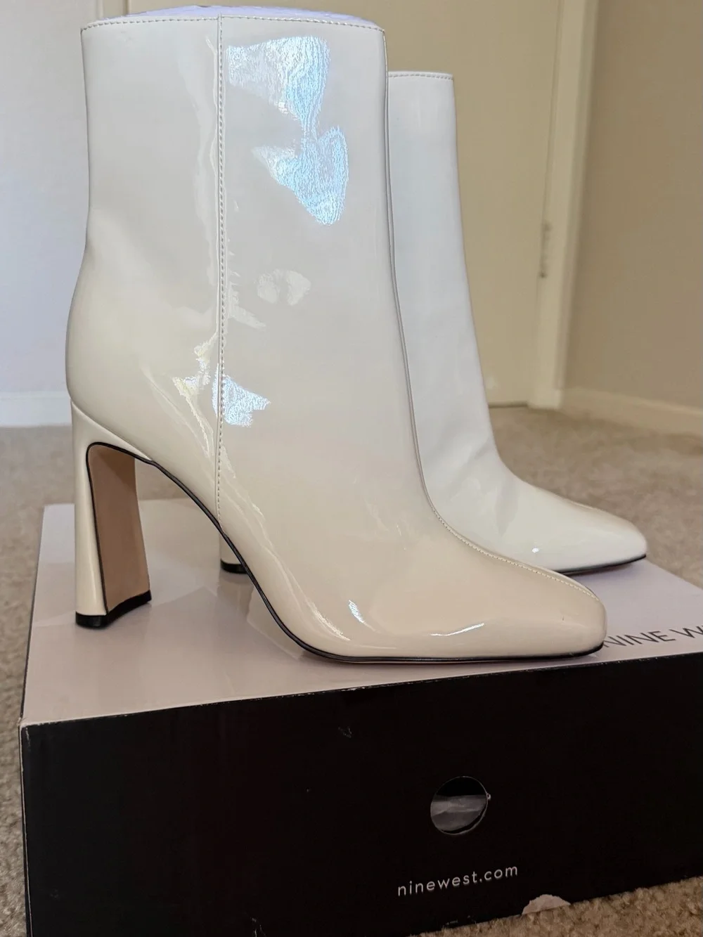 Nine West White Patent Pointed Toe Ankle Boots
